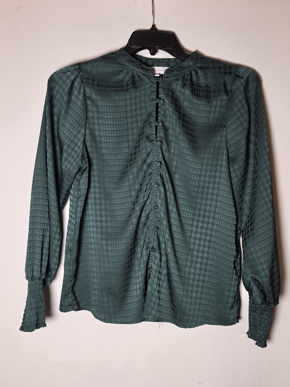 Emerald Green Houndstooth Print Button-Front Long Sleeve  Holiday Blouse